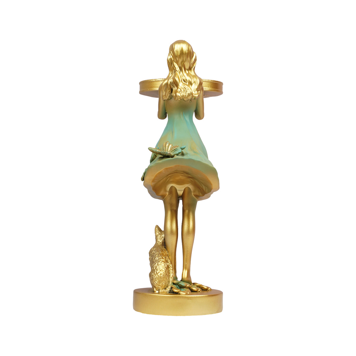 The WritersHub Decorative Lady with Tray Showpiece – Gold & Green Polyresin Statue