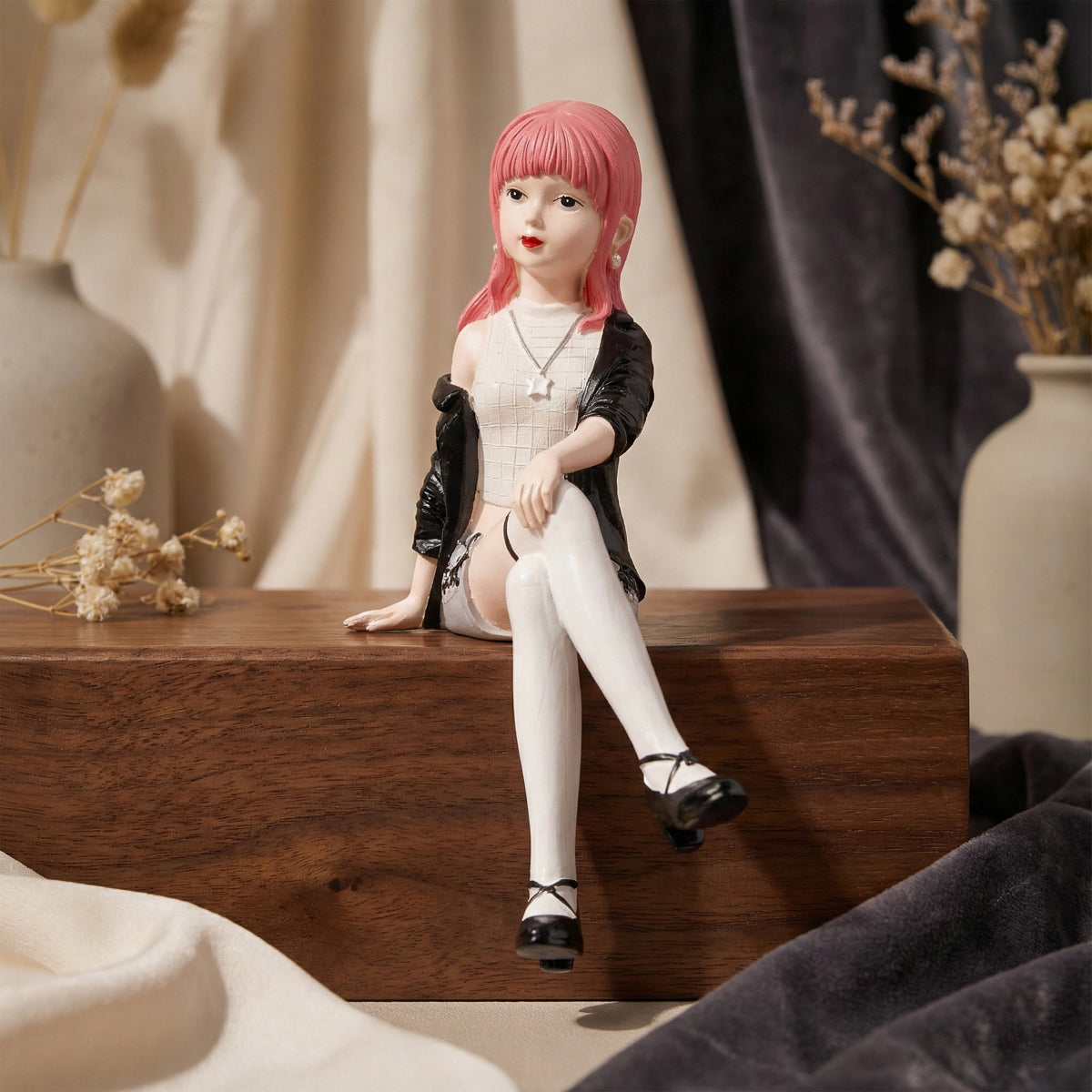 The Writershub Stylish Pink Hair Girl Sitting Figurine – Decorative Showpiece