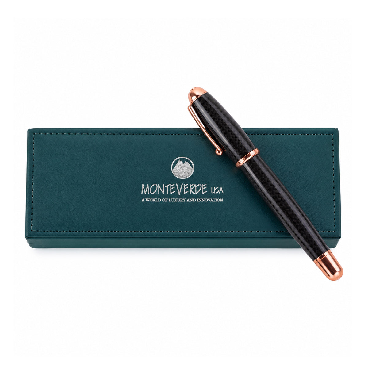 Monteverde USA Super Mega Fountain Pen – Carbon Fiber, Rose Gold Trim, Medium Nib