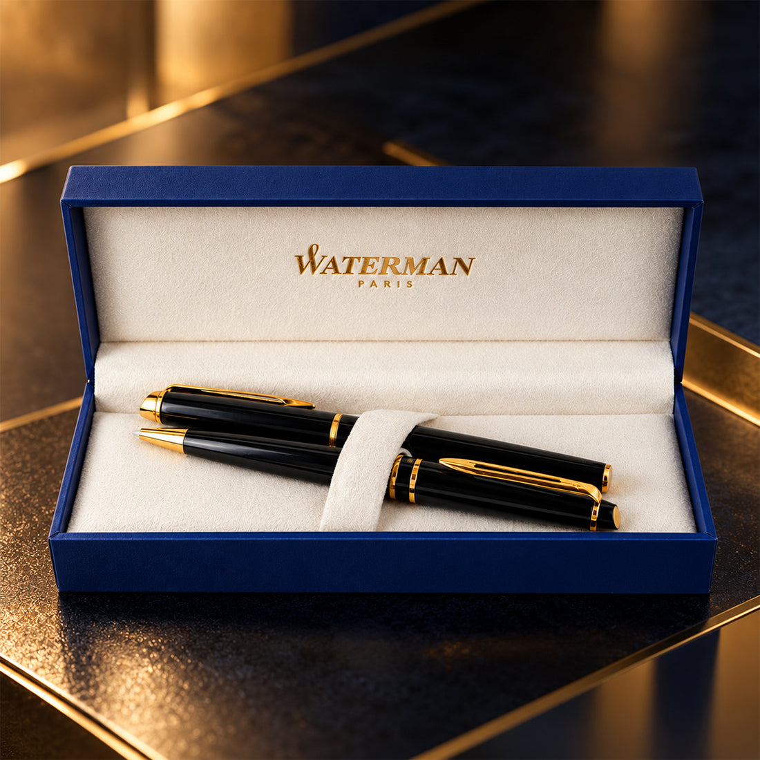 Waterman Black & Gold Trim Combo Pen Set – Twist Ballpoint + Cap Rollerball (Brass Body)