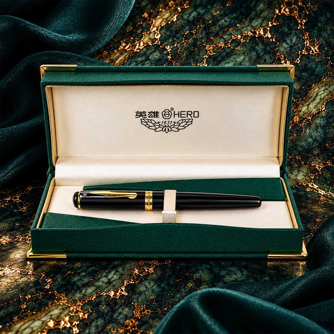 Hero 300 Black Fountain Pen – Fine Nib, Gold Trims, Converter Type, Brass Body