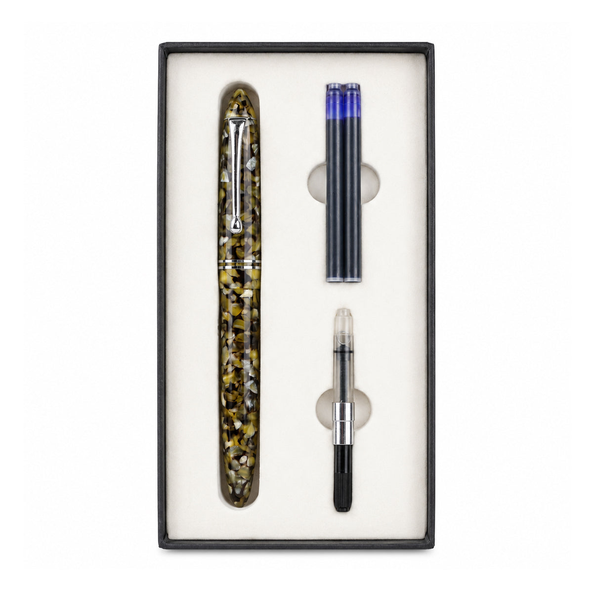 Click YEN Desert Sand Green Fountain Pen – Black & Green Acrylic, No. 35 Fine Nib, Silver Clip, Eye-Dropper 3-in-1