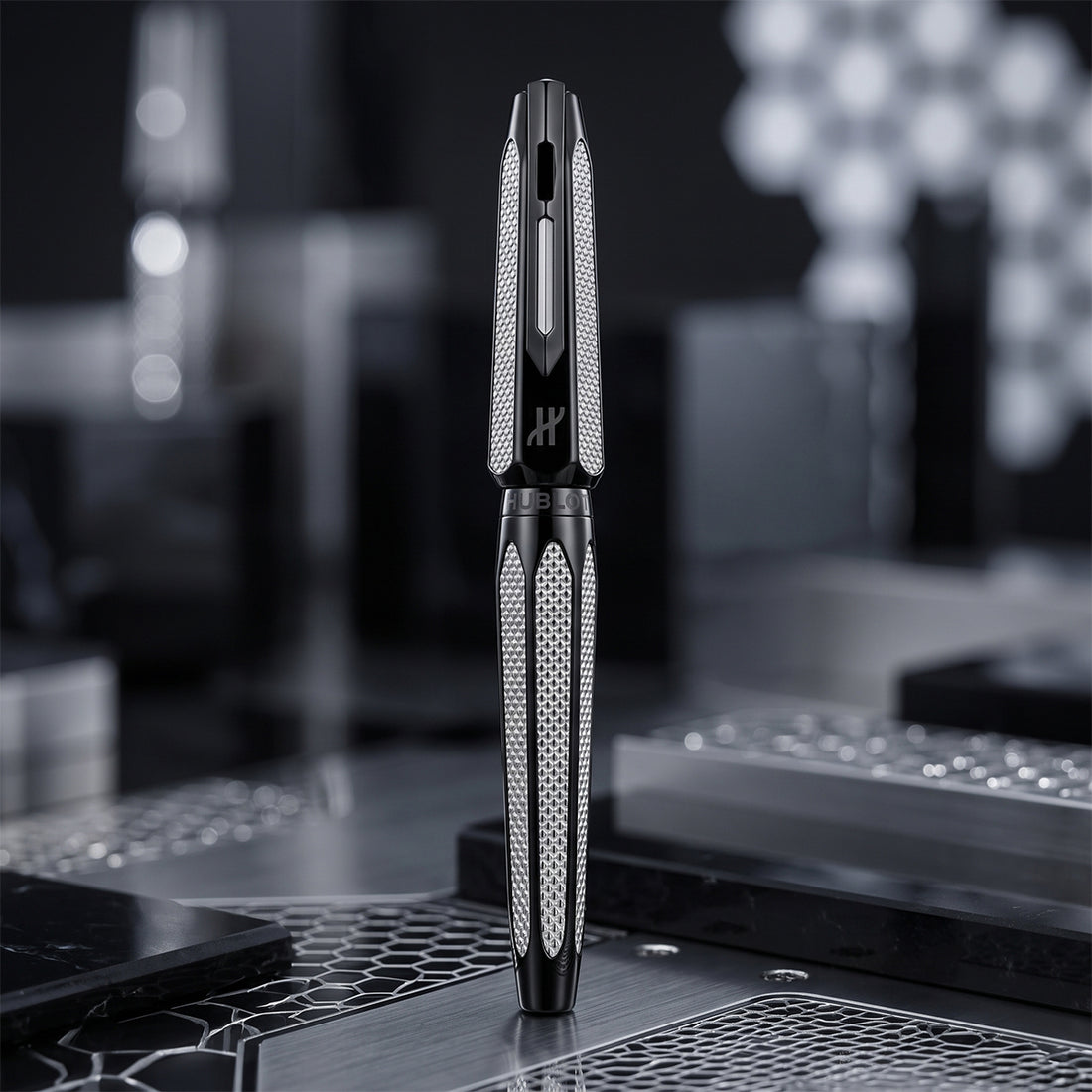 Hublot Luxury Carbon Fiber Roller Ball Pen – Black & Silver, Medium Tip
