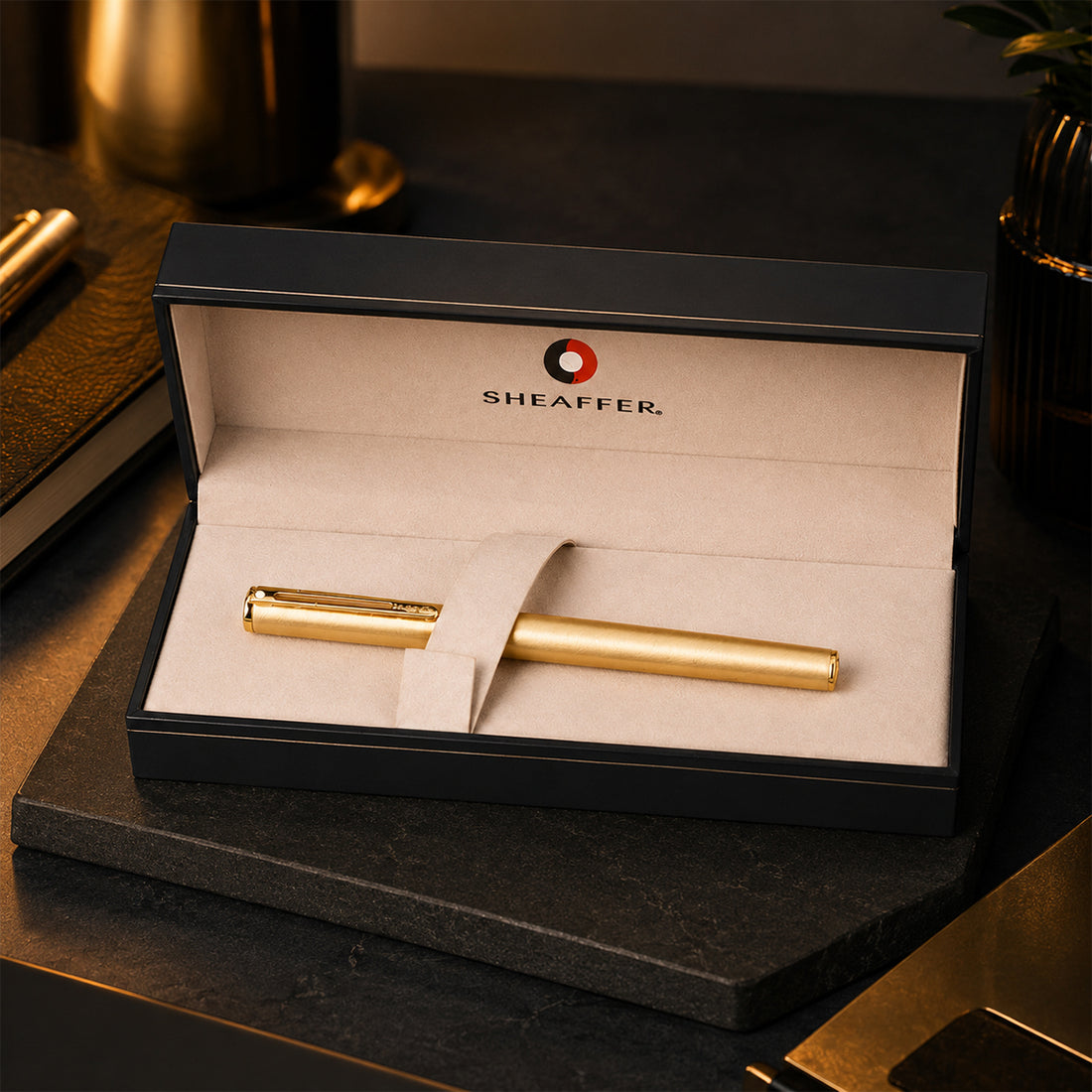 Sheaffer Full Gold Converter Fountain Pen — Medium Nib with Black Grip