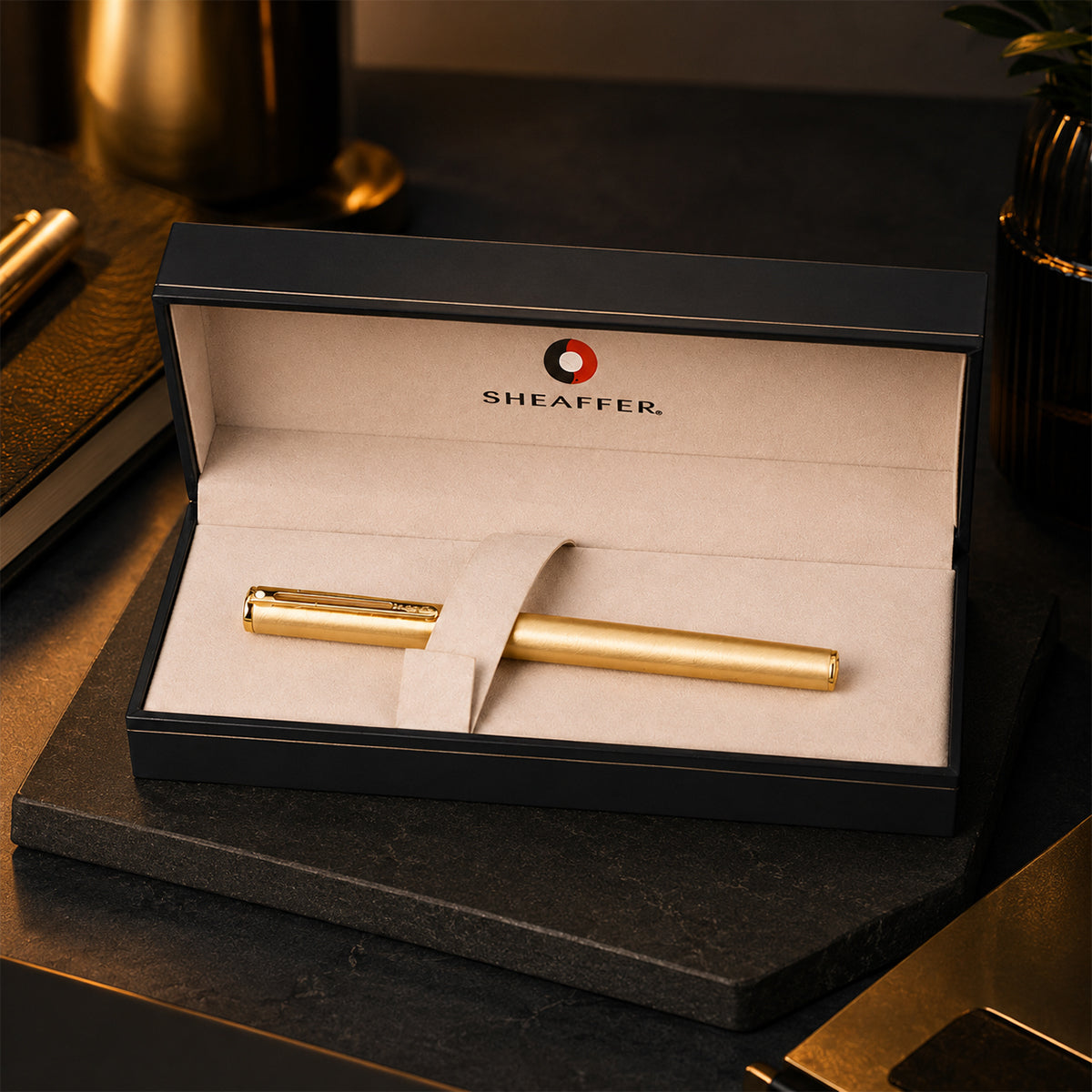 Sheaffer Full Gold Converter Fountain Pen — Medium Nib with Black Grip