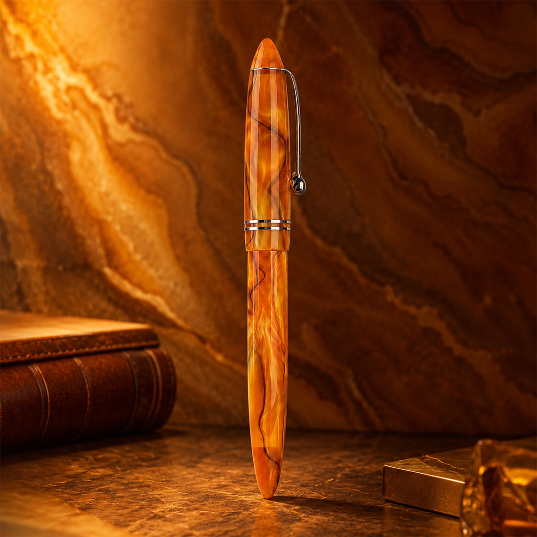 Click Yen Jasper Orange Marble Acrylic Fountain Pen — Fine Nib