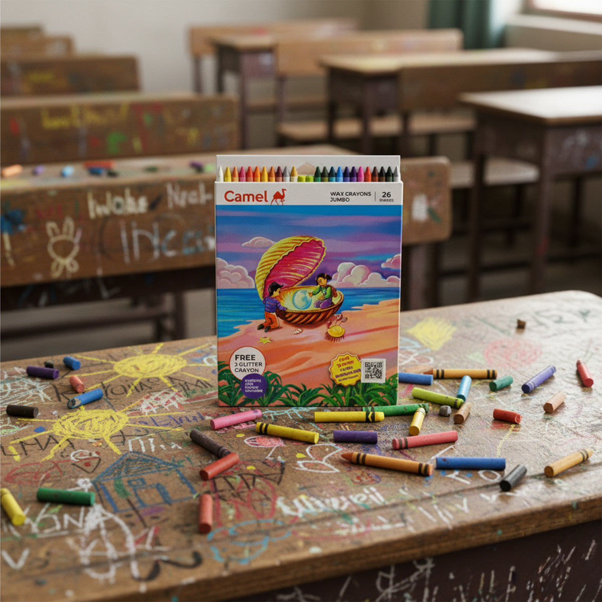 Camel Jumbo Wax Crayons – 26 Shades with Free Glitter Crayons