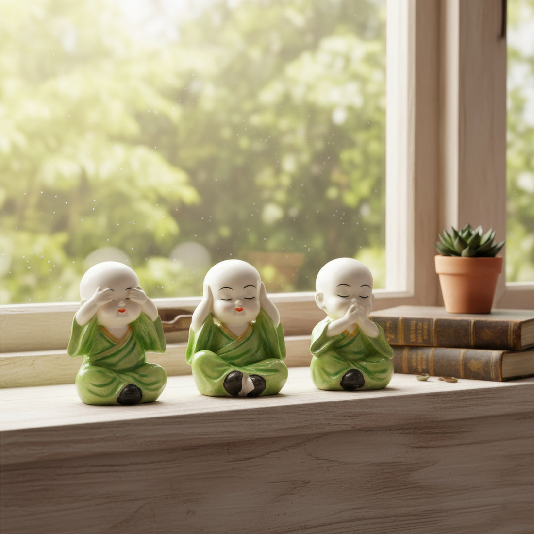 Three Baby Monk Statues | Peaceful & Laughing Buddha Figurine Set