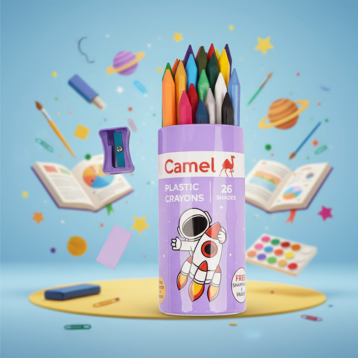 Camel Plastic Crayons 26 Assorted Shades Set with Sharpener & Eraser