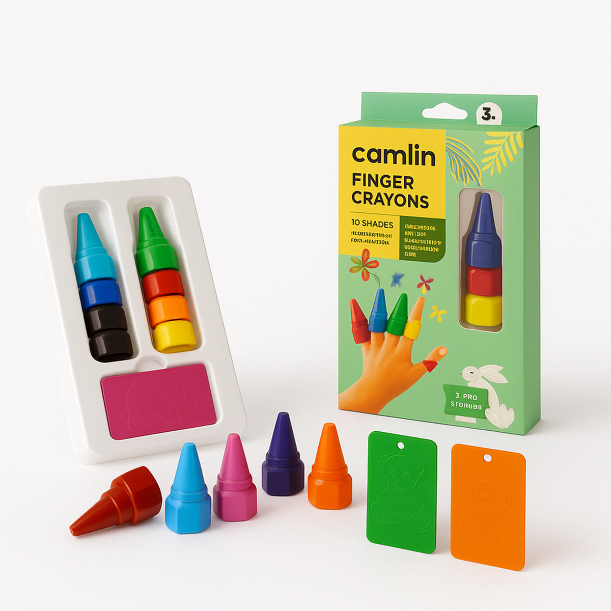 Camlin Finger Crayons – 10 Bright Shades with Free Stencils