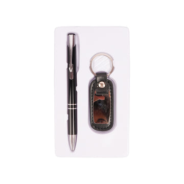 The Writershub Premium Pen & Keychain Gift Set | Black Silver Metal Ball Pen with Leather Keychain