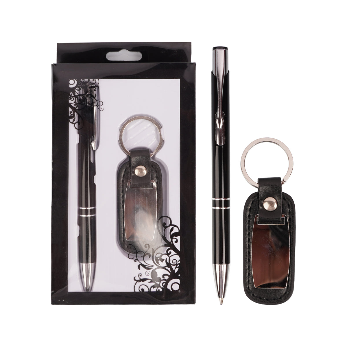 The Writershub Premium Pen & Keychain Gift Set | Black Silver Metal Ball Pen with Leather Keychain