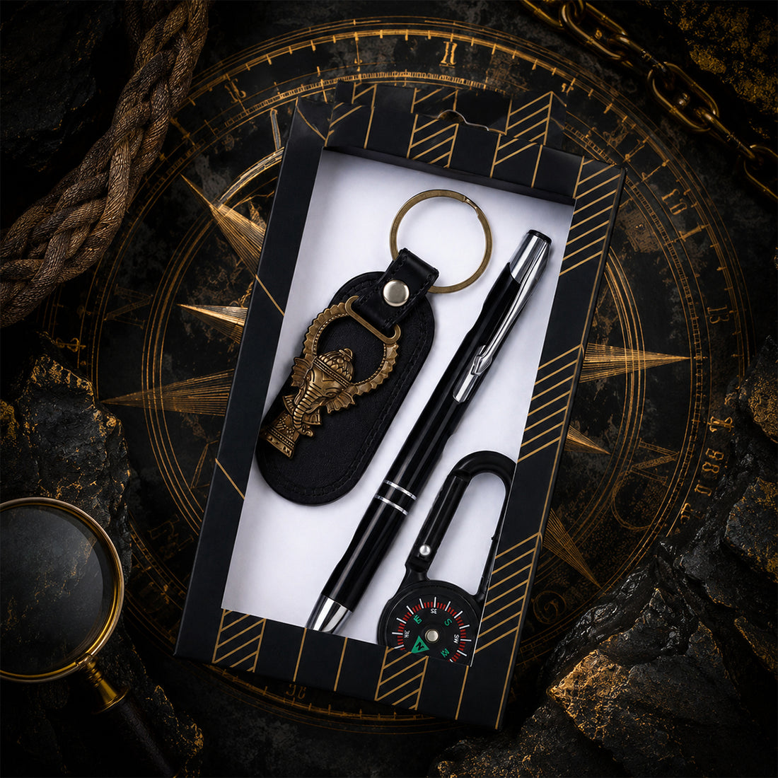The Writershub Premium Pen, Keychain & Compass Gift Set with Ganesh Emblem