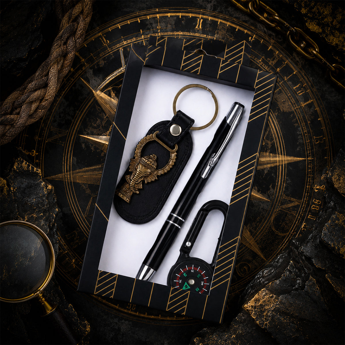 The Writershub Premium Pen, Keychain & Compass Gift Set with Ganesh Emblem