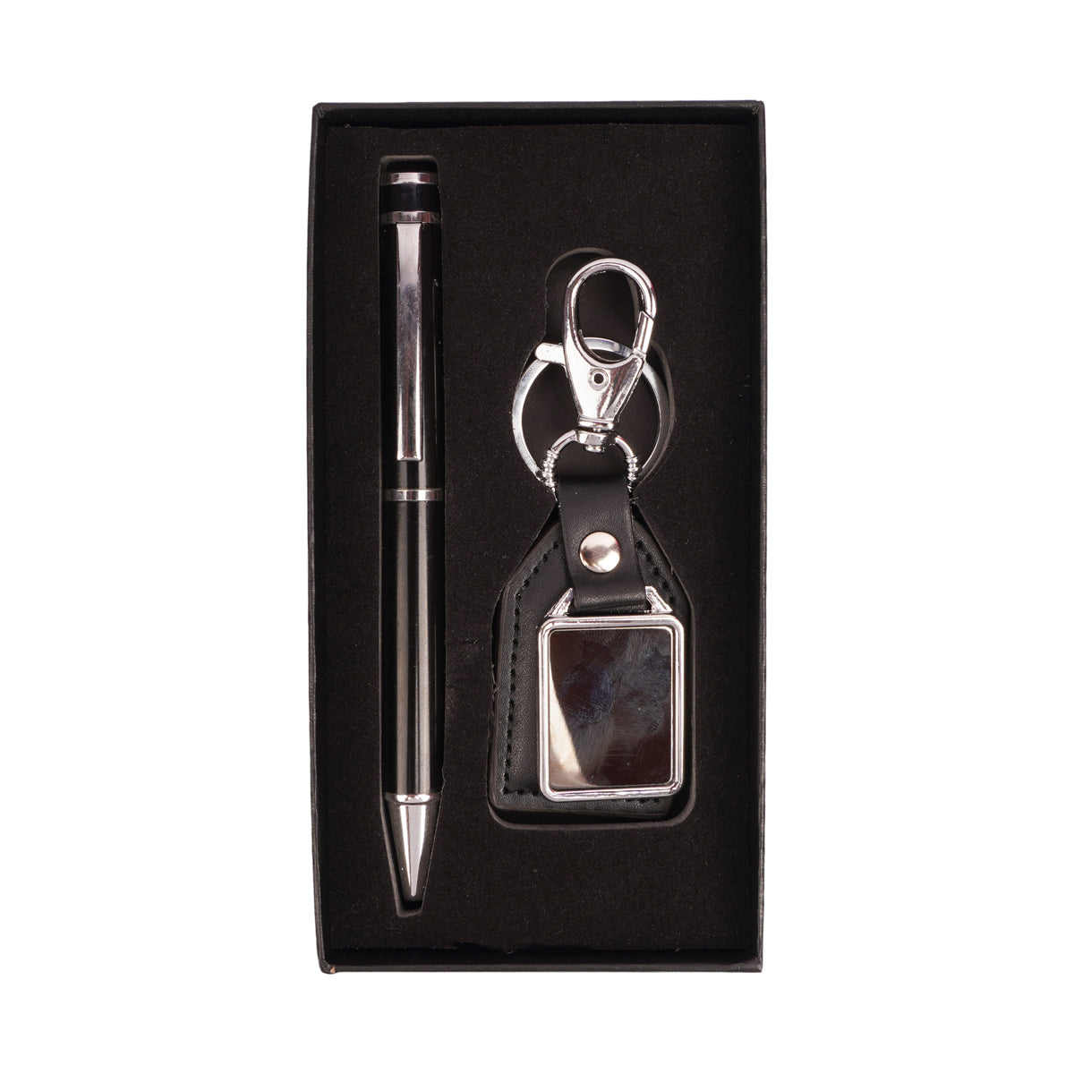 Premium Black & Chrome Metal Ballpoint Pen with Matching Faux Leather Keychain Gift Set