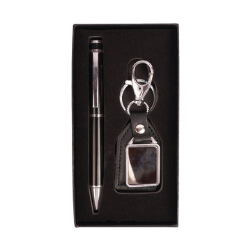 Premium Black & Chrome Metal Ballpoint Pen with Matching Faux Leather Keychain Gift Set