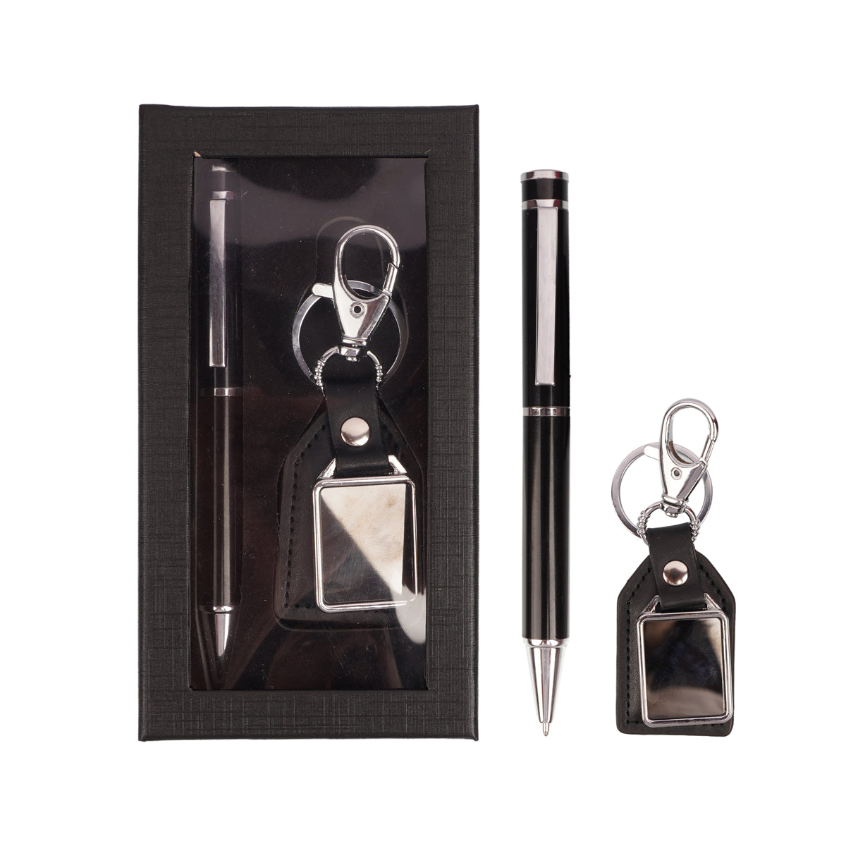 Premium Black & Chrome Metal Ballpoint Pen with Matching Faux Leather Keychain Gift Set