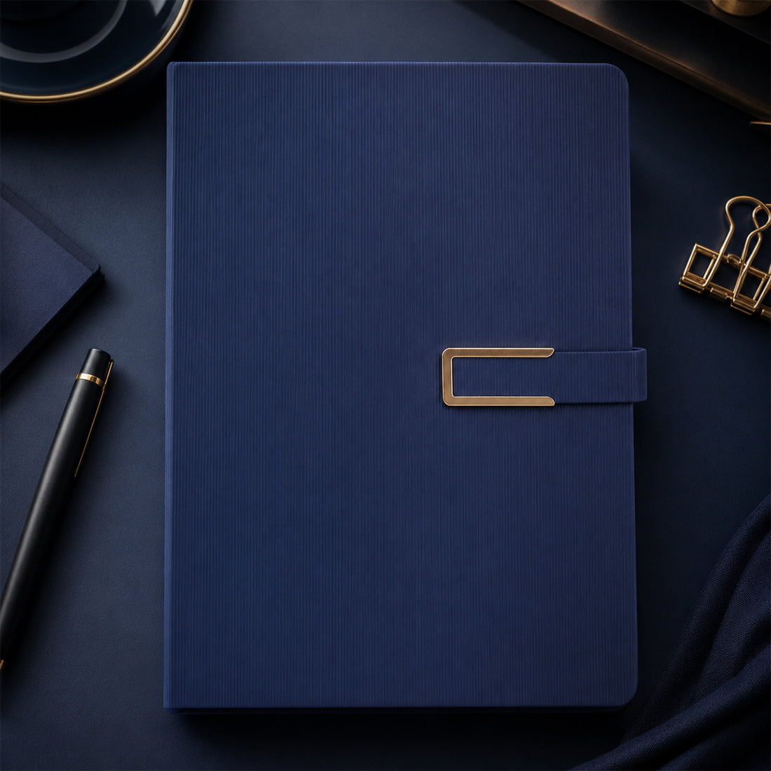 A5 Faux-Leather Professional Diary – Navy Blue Ribbed Texture Journal with Magnetic Gold-Tone Clasp