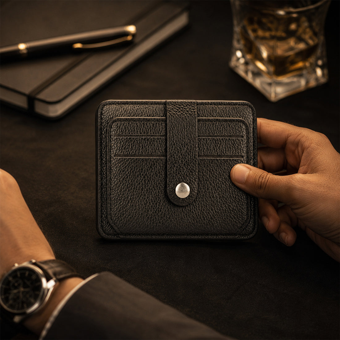 Black Leather ATM Card Holder Wallet with Sunglasses Clip