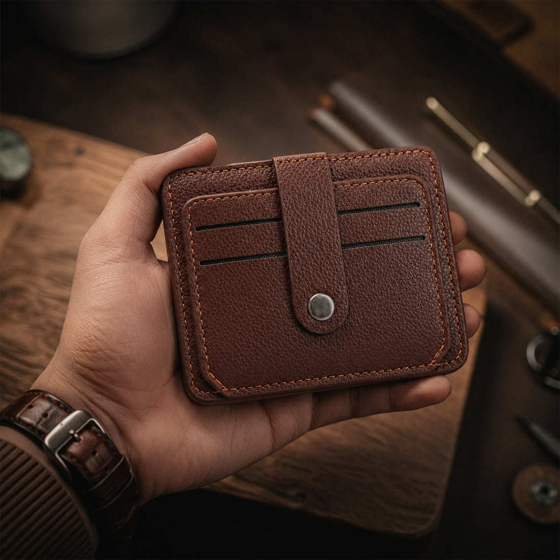 Brown Coffee Leather ATM Card Holder Wallet with Sunglasses Clip