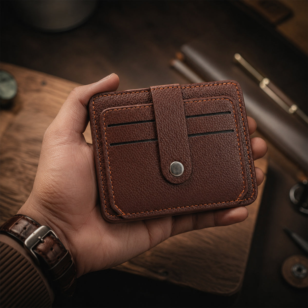 Brown Coffee Leather ATM Card Holder Wallet with Sunglasses Clip