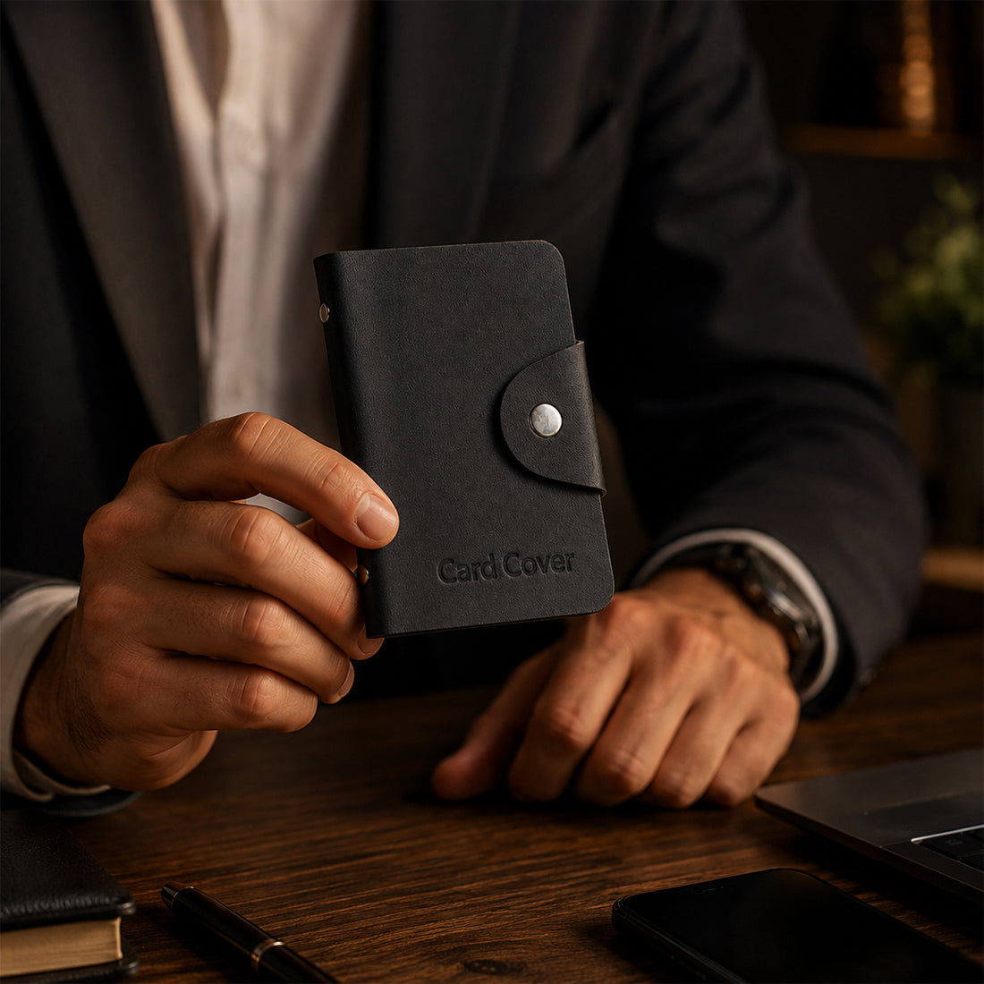Black PU Leather Card Holder with Button Closure