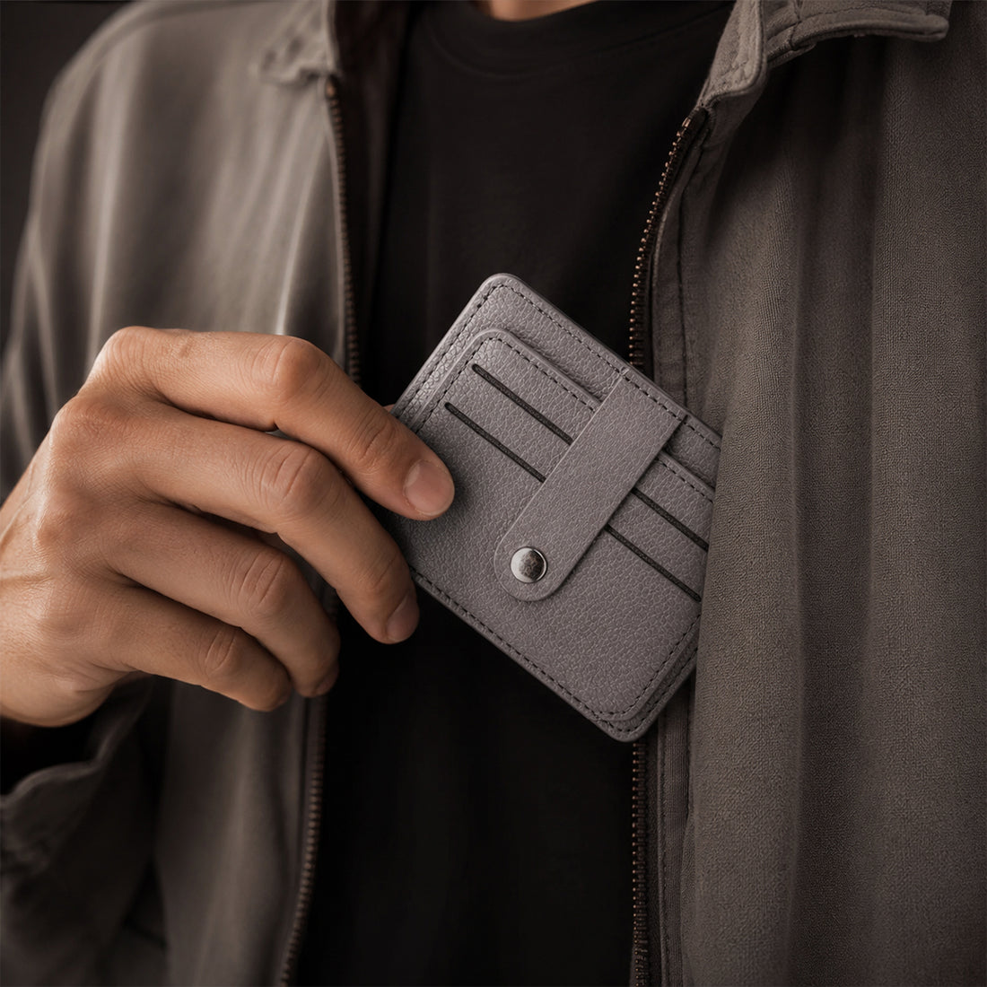 Grey Leather ATM Card Holder Wallet with Sunglasses Clip