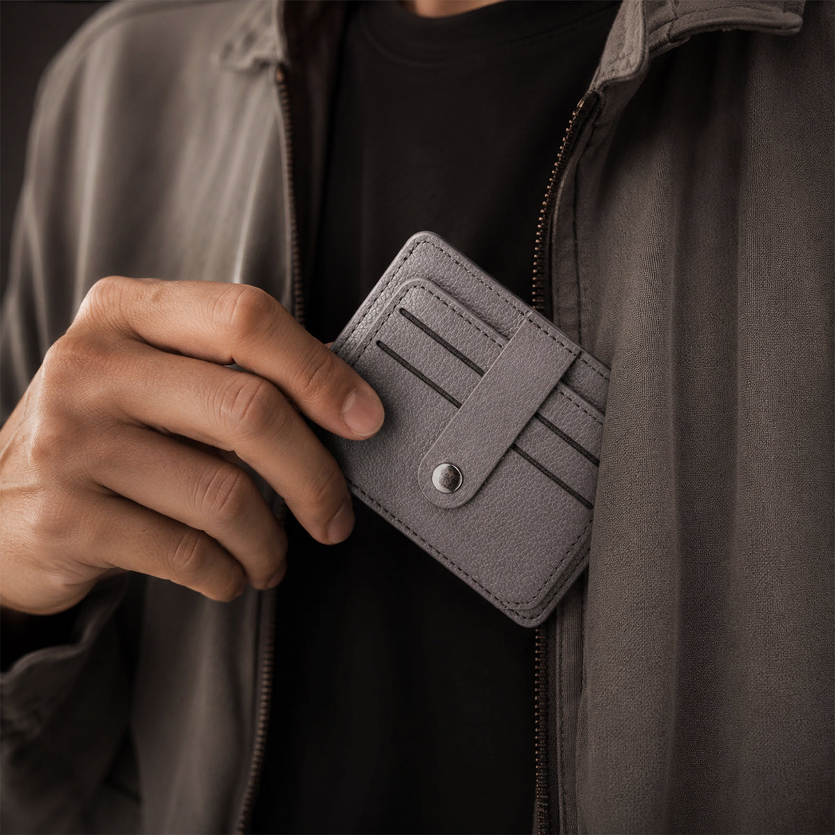 Grey Leather ATM Card Holder Wallet with Sunglasses Clip