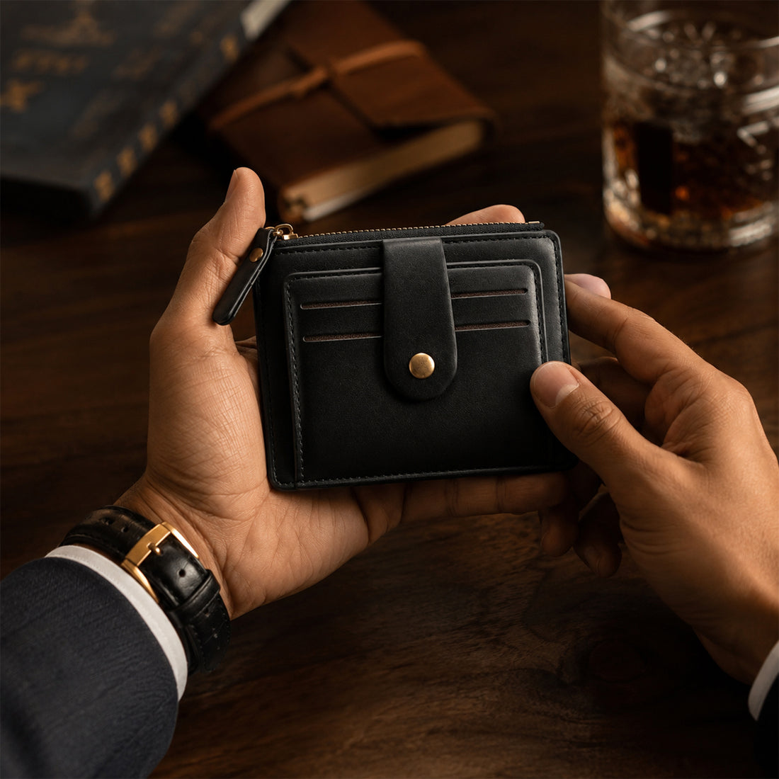 The Writershub Leather Card Holder Wallet with Zipper Coin Pocket