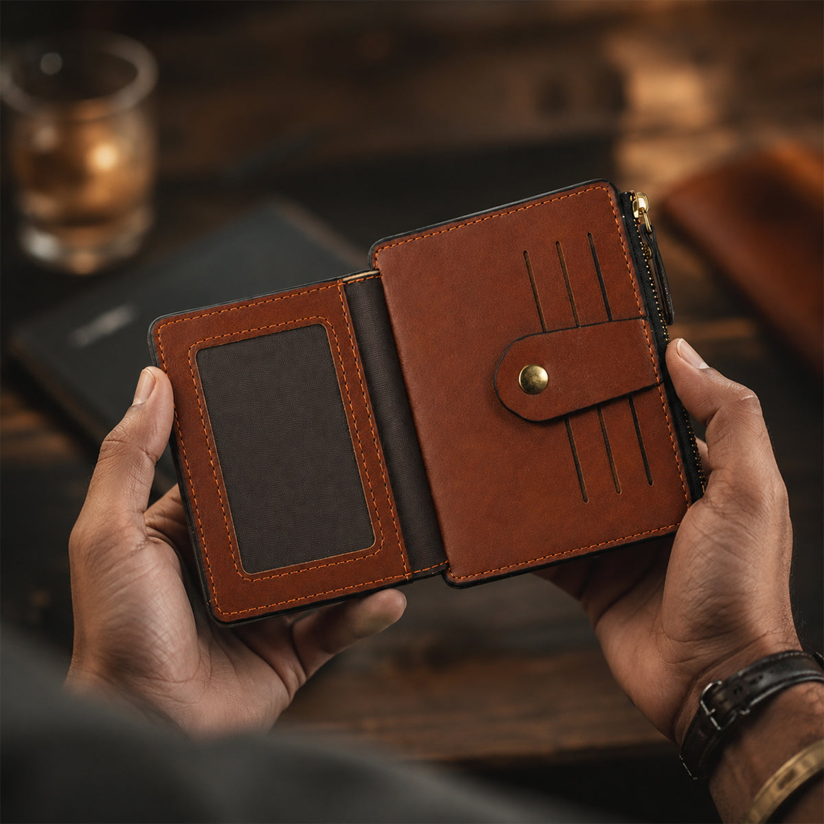 Brown Leather Wallet with Zipper Closure
