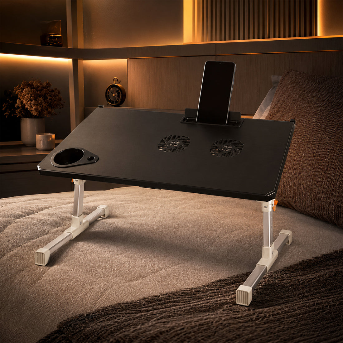 Portable Foldable Aluminum Laptop Desk with Dual USB Cooling Fans – Adjustable Height | The Writershub.in | Black