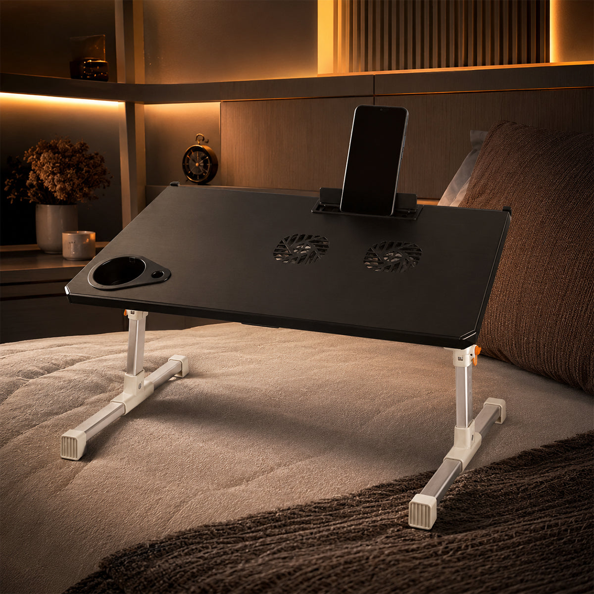 Portable Foldable Aluminum Laptop Desk with Dual USB Cooling Fans – Adjustable Height | The Writershub.in | Black