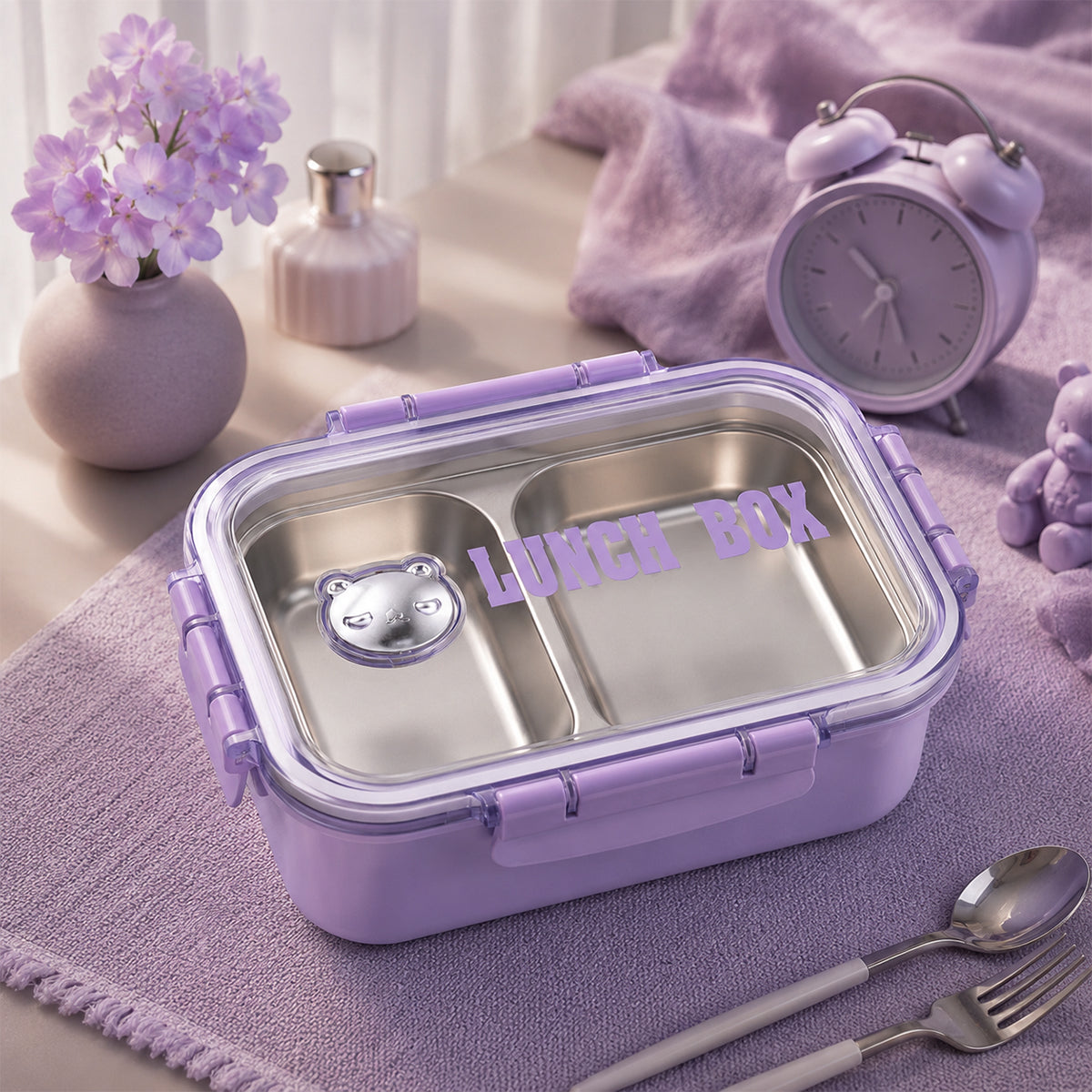 The Writershub 2-Compartment Purple Lunch Box with Leak-Proof Lid – 304 Stainless Steel | School, Office, Travel