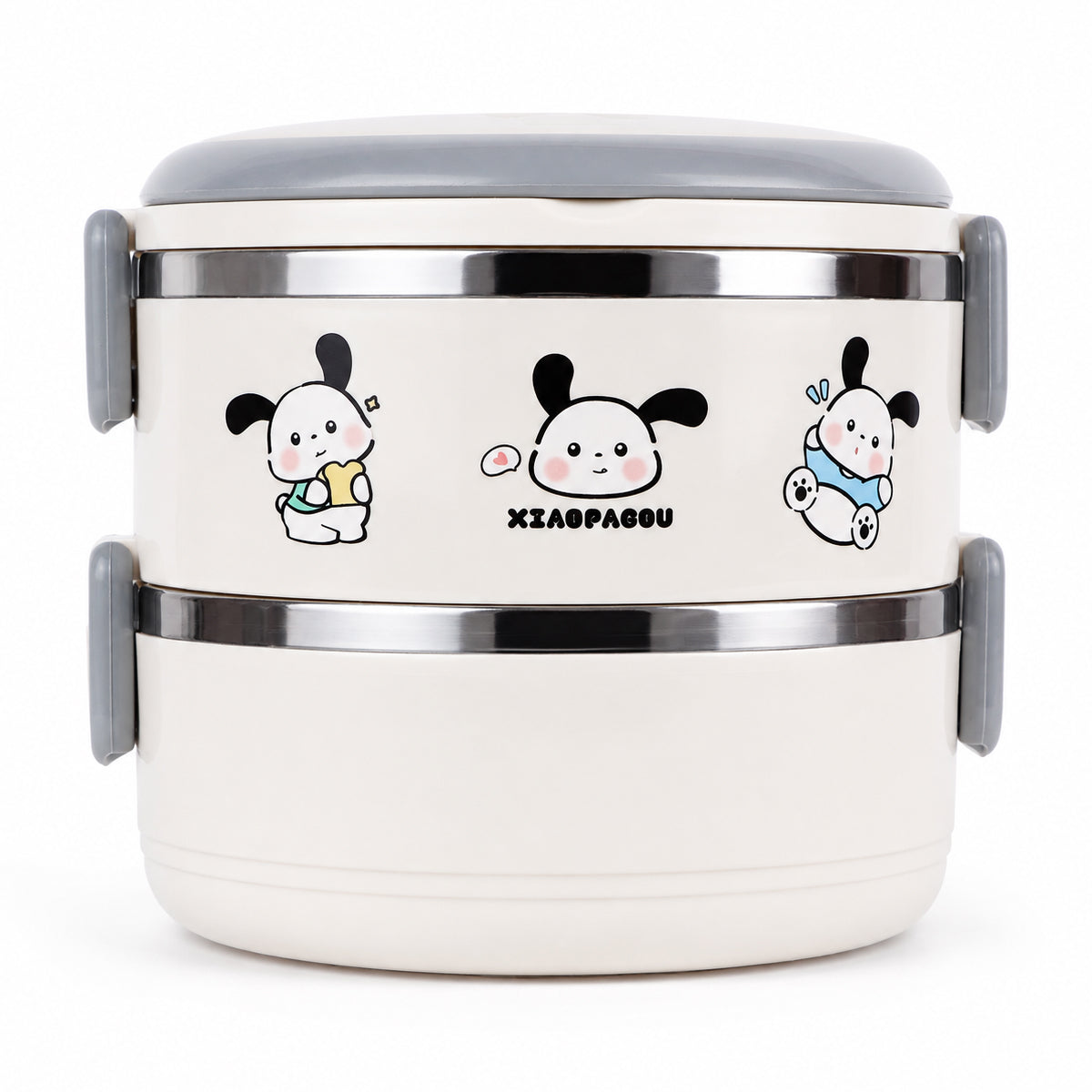 Double Layer Stainless Steel Insulated Lunch Box with Cute Cartoon Design – Grey | The Writershub.in | 2-Tier, Leak-Resistant