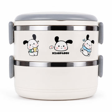 Double Layer Stainless Steel Insulated Lunch Box with Cute Cartoon Design – Grey | The Writershub.in | 2-Tier, Leak-Resistant