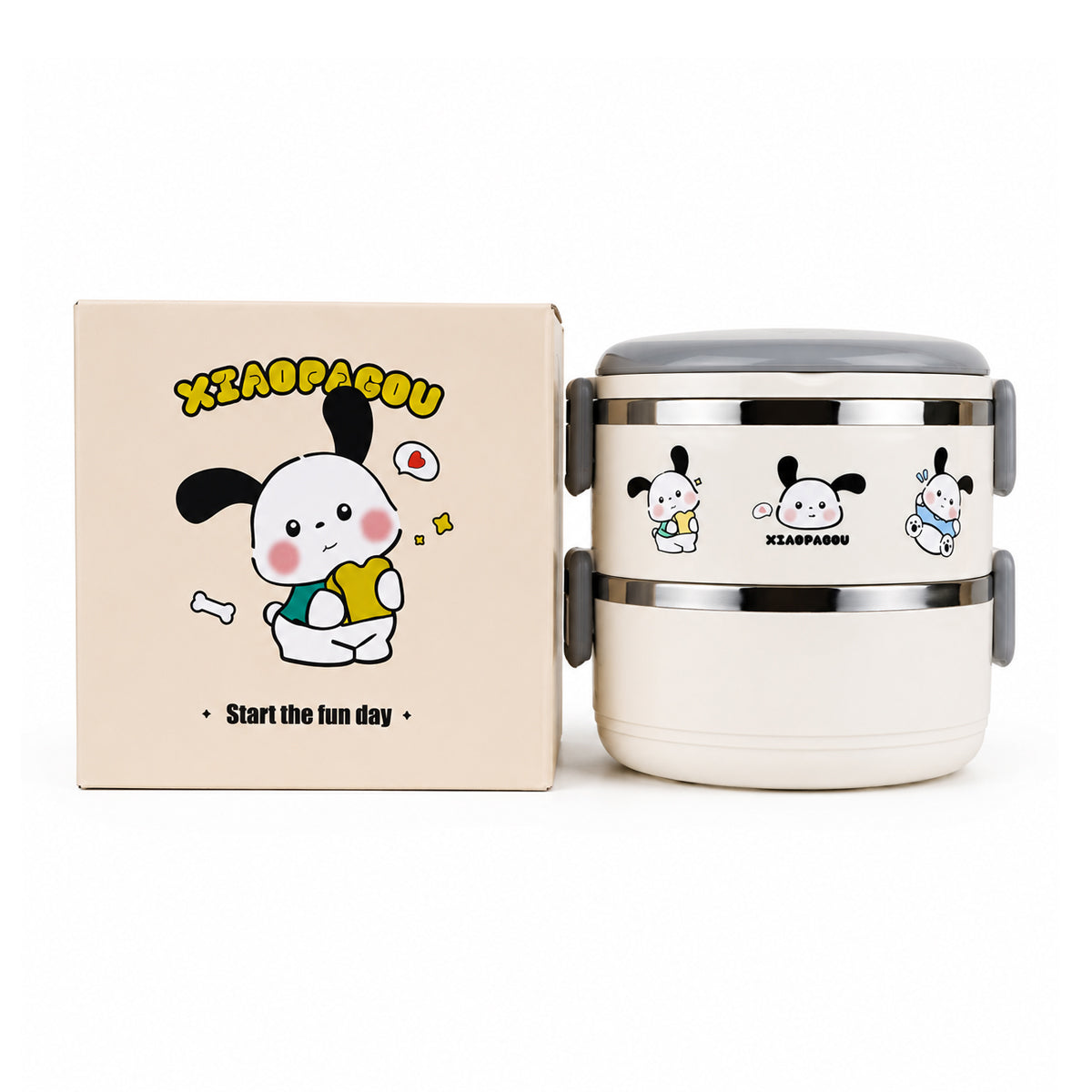 Double Layer Stainless Steel Insulated Lunch Box with Cute Cartoon Design – Grey | The Writershub.in | 2-Tier, Leak-Resistant