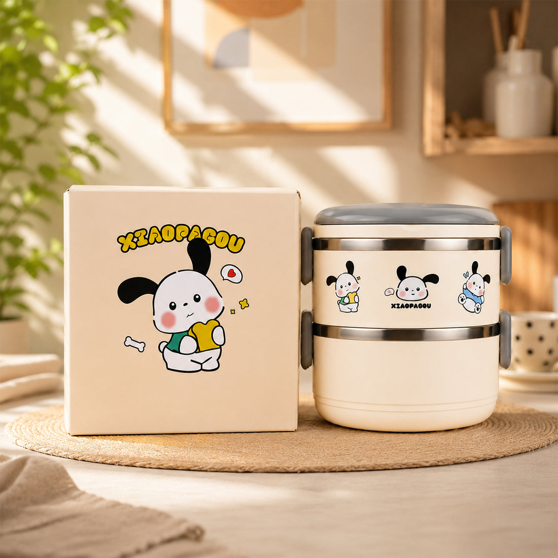 Double Layer Stainless Steel Insulated Lunch Box with Cute Cartoon Design – Grey | The Writershub.in | 2-Tier, Leak-Resistant