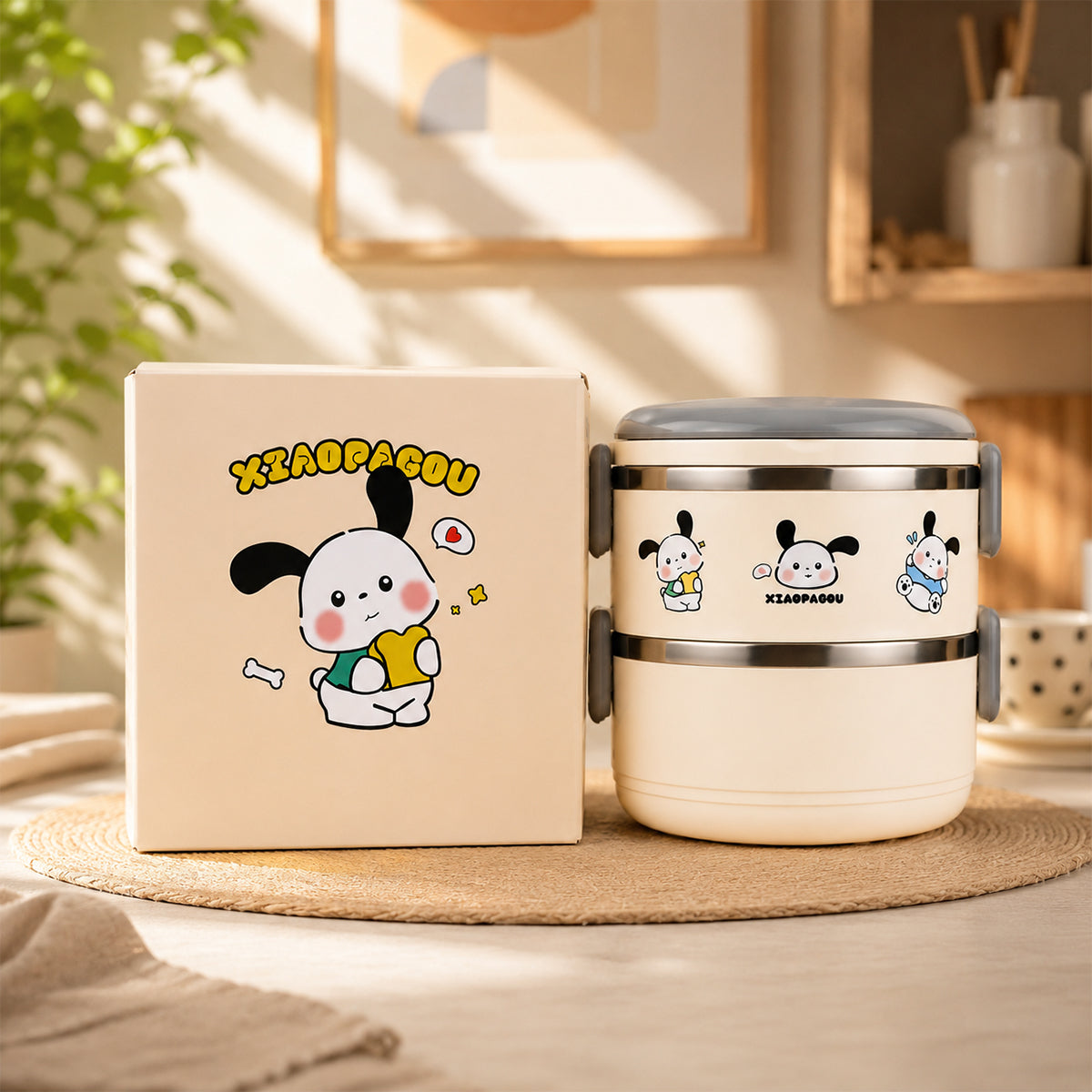 Double Layer Stainless Steel Insulated Lunch Box with Cute Cartoon Design – Grey | The Writershub.in | 2-Tier, Leak-Resistant