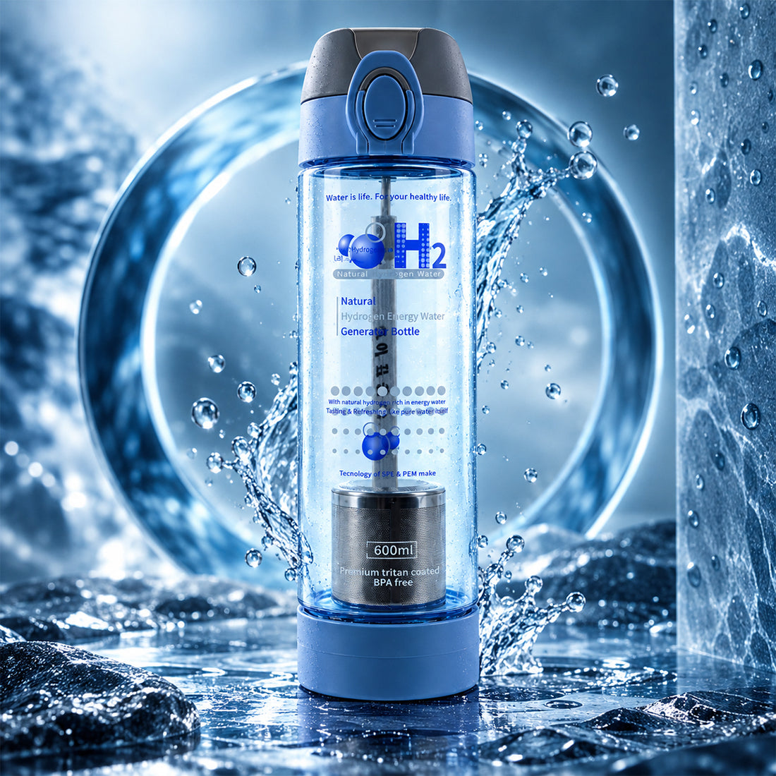 Transparent 600ml Hydrogen Water Generator Bottle – BPA-Free Tritan