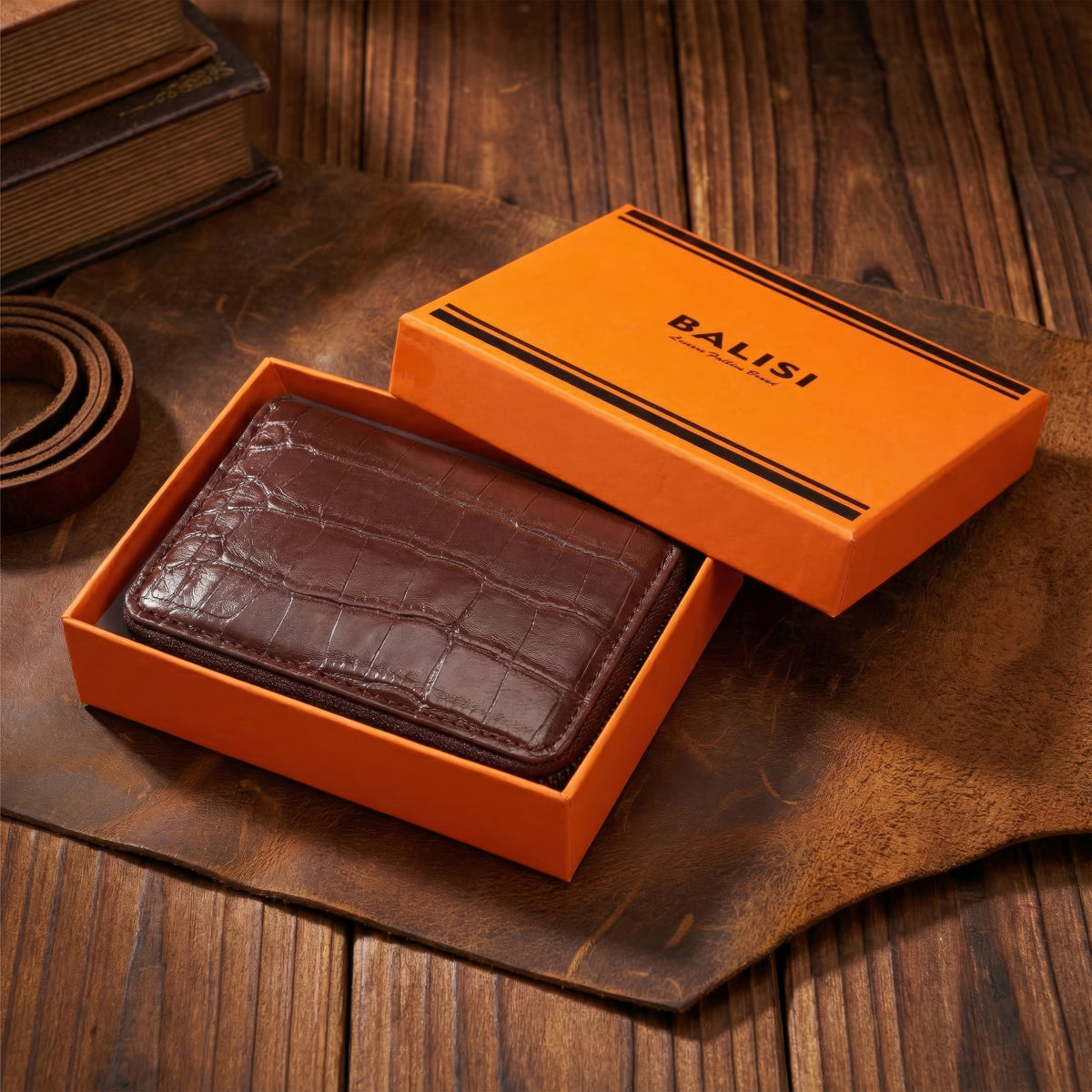 The Writershub Stylish Deep Coffee Brown Crocodile Grain Leather Card Holder
