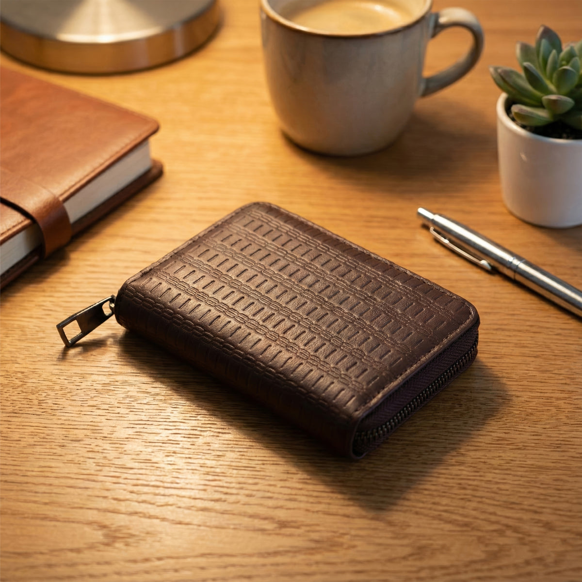 The Writershub Premium Deep Brown Textured Zip-Around Leather Wallet