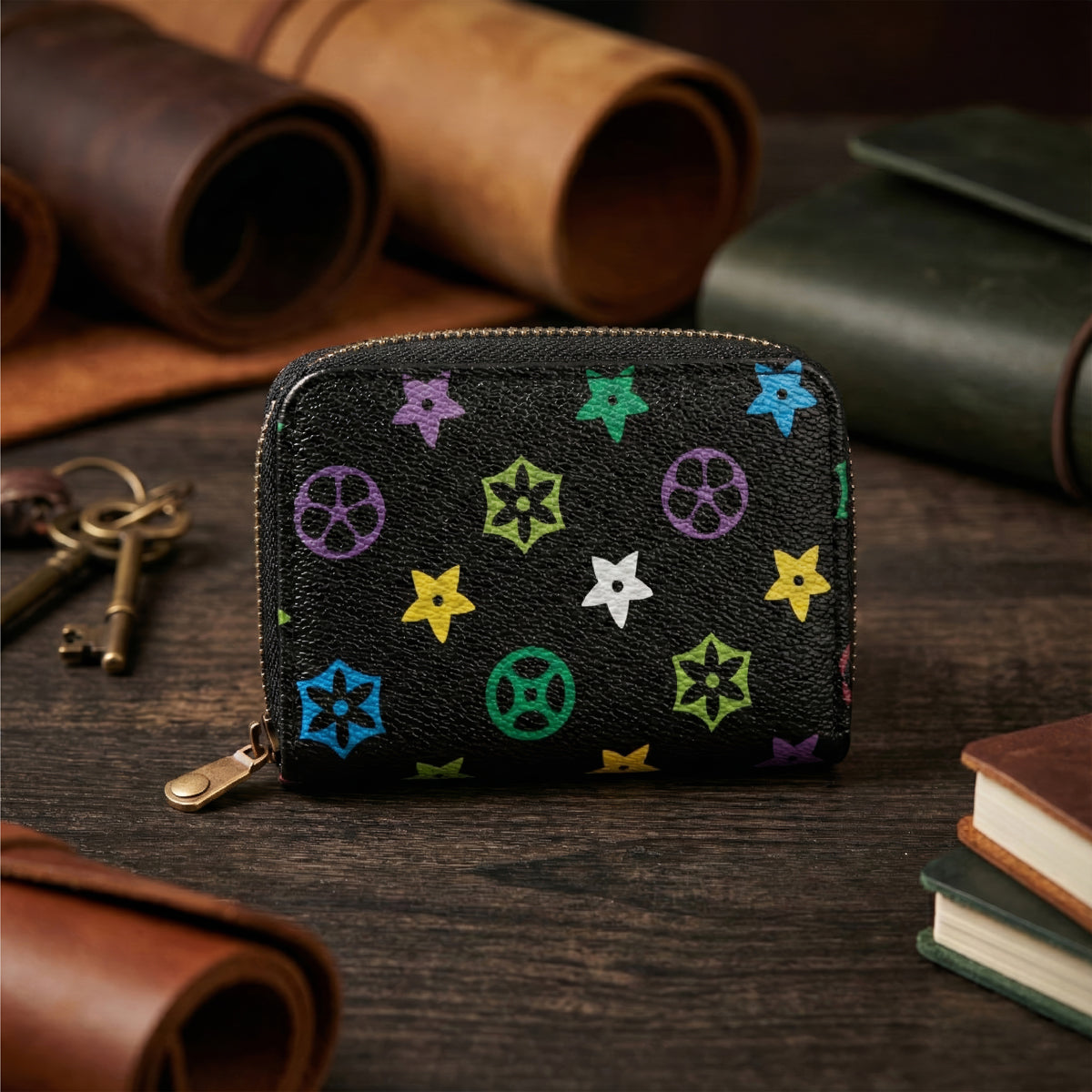 The Writershub Multi-Colour Printed Leather Card Holder Wallet with Zipper Closure