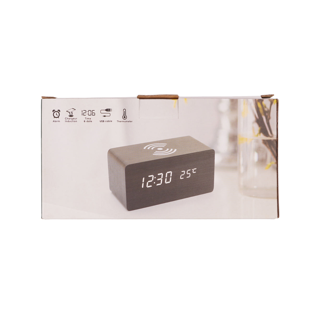 Digital LED Alarm Clock with Wireless Charger – Wooden Desk Clock, Brown