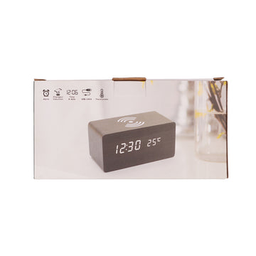 Digital LED Alarm Clock with Wireless Charger – Wooden Desk Clock, Brown