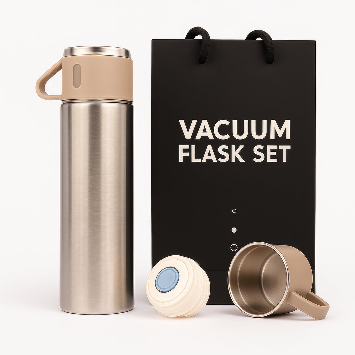 The Writershub Beige Vacuum Flask with 3 Mug Set Combo – 500 ml Stainless Steel