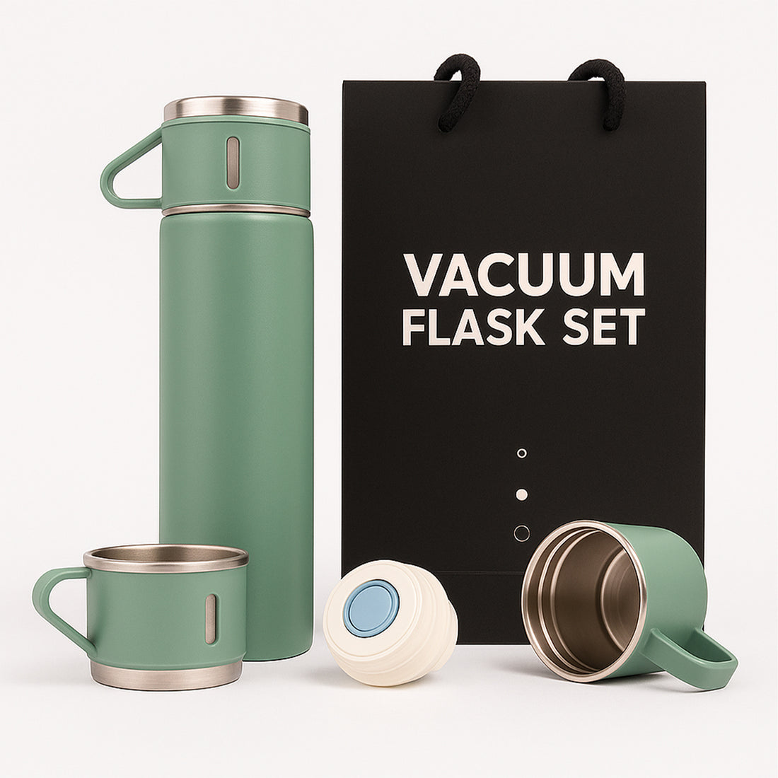 The Writershub Mint Green Premium Vacuum Flask with 3 Mug Set Combo – 500ml