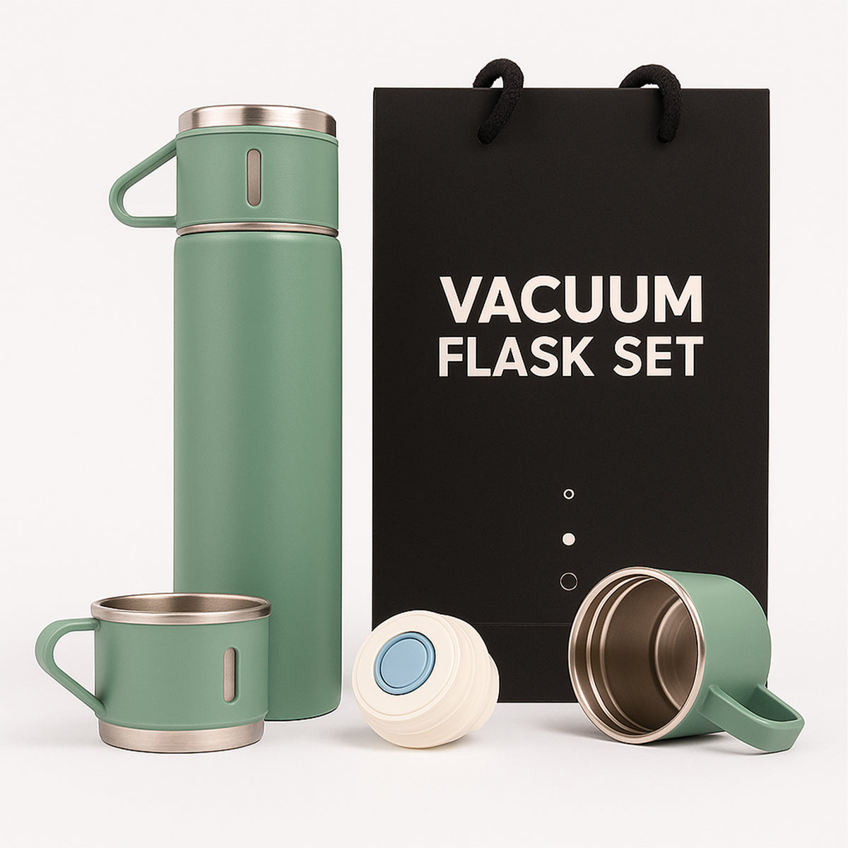 The Writershub Mint Green Premium Vacuum Flask with 3 Mug Set Combo – 500ml