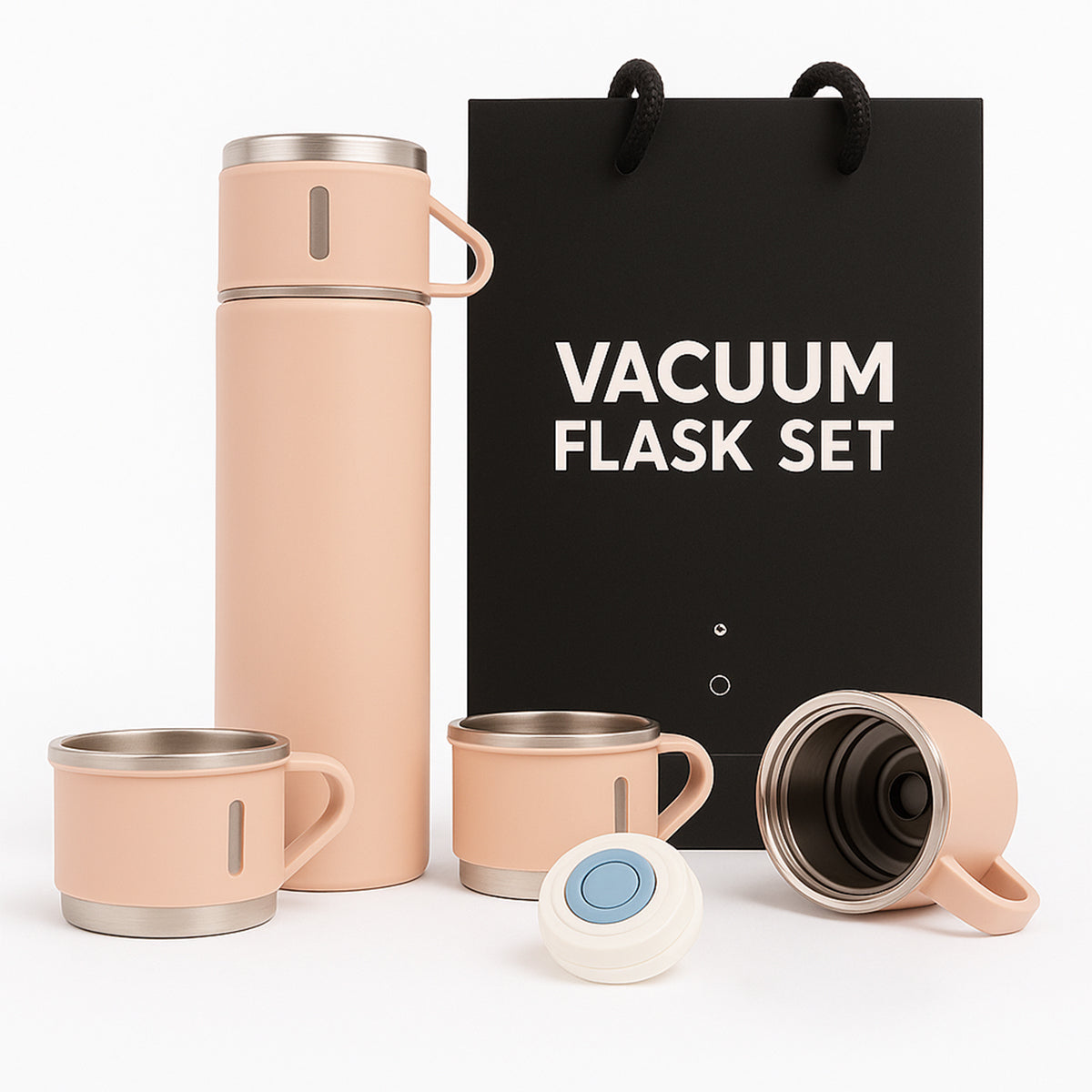 The Writershub Peach Premium Vacuum Flask with 3 Mug Set – 500 ml