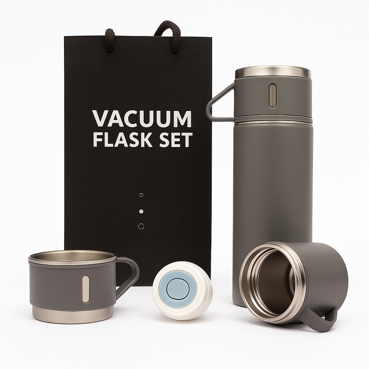 The Writershub Grey Premium Vacuum Flask with 3 Mug Set – 500 ml