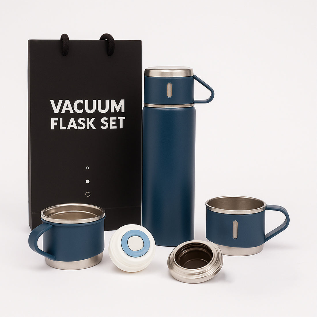 The Writershub Dark Blue Premium Vacuum Flask with 3 Mug Set – 500 ml